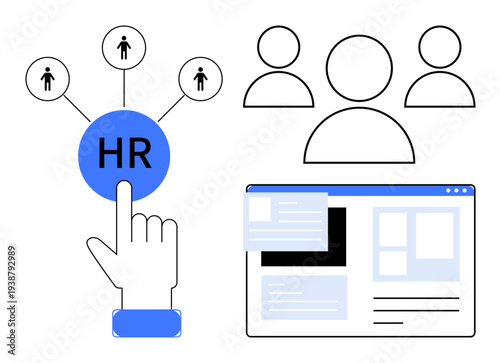 Workforce management, recruitment, HR technology, online hiring, team collaboration, corporate tools. Hand-clicking HR icon linked to people, showing a desktop interface. Recruitment and HR