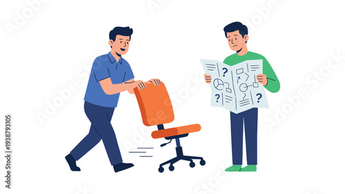 Two men assembling office chair with instructions, teamwork and problem-solving illustration