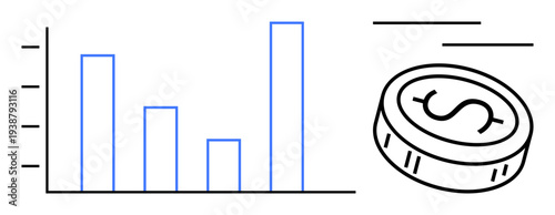 Business growth, financial analysis, investment strategy, market trends, profit tracking, wealth management. Bar chart alongside a coin symbol. Business growth and financial analysis concept