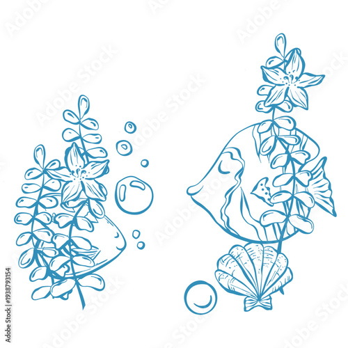 Vector illustration with a marine theme. Underwater world, seaside vacation in blue. Cute fishes in doodle.