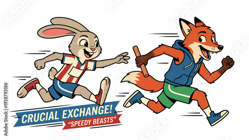 Cartoon rabbit and fox perform a crucial baton exchange in a dynamic relay race illustration.