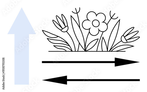 Growth, progress, navigation, ecology, nature, decision-making. A floral design with arrows pointing in opposite and upward directions. Nature and growth concept with progress symbolism