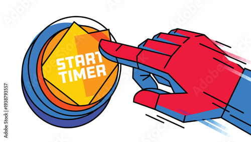 Finger Pressing Large Start Button to Initiate Countdown Timer for New Project or Competition