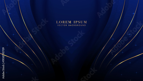 Blue luxury background with golden lines curve and glitter light effect. Elegant style vector design