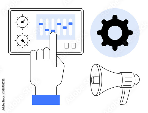 Automation concept. Hand adjusting control panel sliders automation processes and optimization. Gear icon and megaphone workflow and marketing integration. For business, marketing, technology