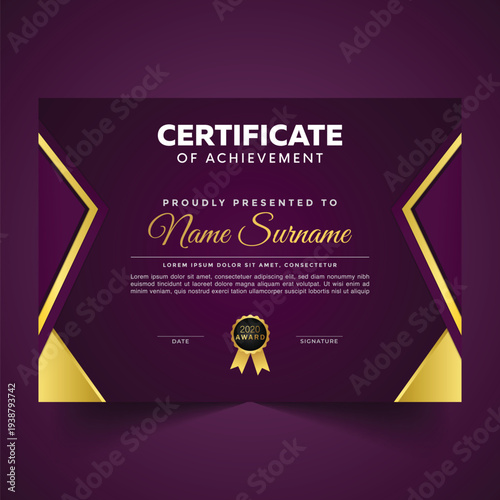 A professional certificate of achievement template with elegant golden accents on a rich purple background.