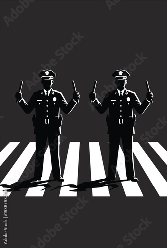 Police officers directing traffic on pedestrian crosswalk silhouette illustration, law enforcement control, urban road safety concept with officers holding batons at zebra crossing
