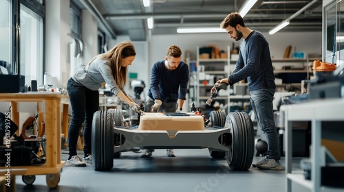 Automotive engineering team assembling the chassis of an electric car prototype in a high-tech workshop, developing the future vehicle