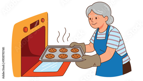 Happy Senior Woman Pulling Freshly Baked Cookies From Oven Baking At Home