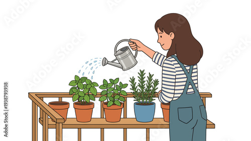 Young Person Tending to Potted Herbs on a Balcony Garden Watering Plants with Care