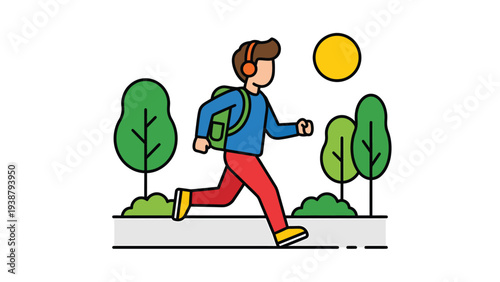 Active Person Jogging Outdoors with Headphones and Backpack Sunny Day