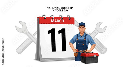 Illustration of a handyman standing beside a calendar marking National Worship of Tools Day on March 11, with a toolbox and wrenches, celebrating craftsmanship in a workshop environment.
