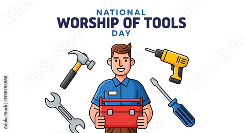 Illustration of a cheerful handyman holding a toolbox surrounded by tools on National Worship of Tools Day with a colorful and playful design