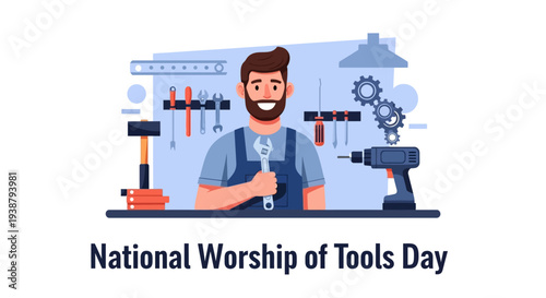Illustration of a smiling handyman with tools on a workbench celebrating National Worship of Tools Day with a workshop environment and mechanical tools background.