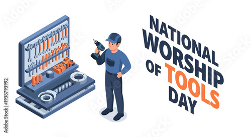 Illustration of a handyman standing next to an open toolbox on National Worship of Tools Day with a workshop environment and various mechanical tools.