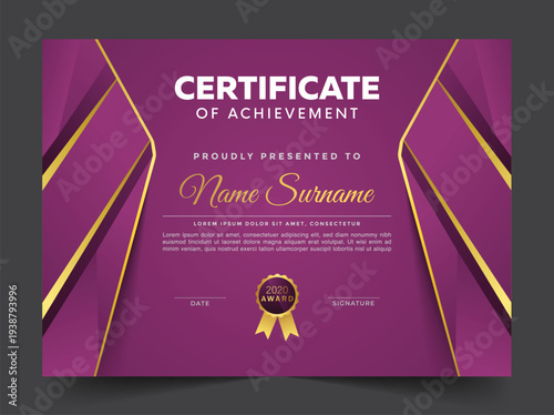 A sophisticated landscape certificate of achievement in rich purple with symmetrical golden angular design elements.