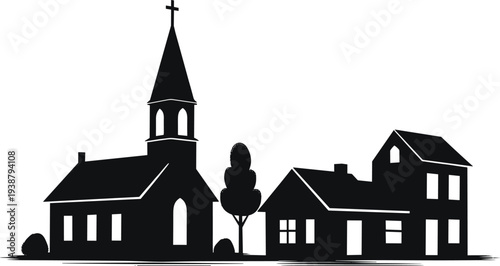 Small Town Church and Houses Silhouette with Trees, Minimal Village Skyline Vector Illustration Representing Community, Architecture, and Rural Neighborhood Landscape Design Concept