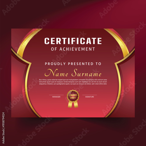 A vibrant and elegant certificate of achievement template featuring golden swooshes on a rich red background.