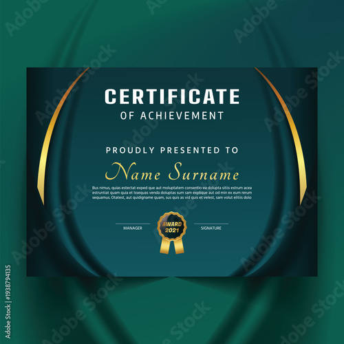 An elegant certificate of achievement template showcasing golden curved lines on a rich teal background.