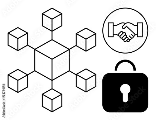 Blockchain concept. Blockchain with interconnected cubes, handshake for trust, and a padlock for security. Blockchain ensures data integrity and secure transactions. For finance, tech, security