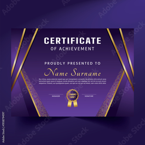 An exquisite purple certificate of achievement features bold golden hexagonal geometric lines and a prestigious gold seal.