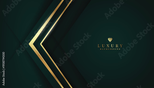A sophisticated dark green background showcases bold golden arrow-like lines on the left, creating a sense of direction and luxury.