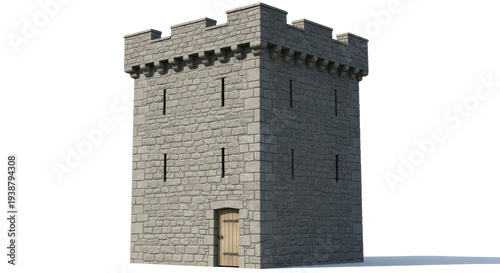 A medieval stone tower with a wooden door stands alone on a plain background