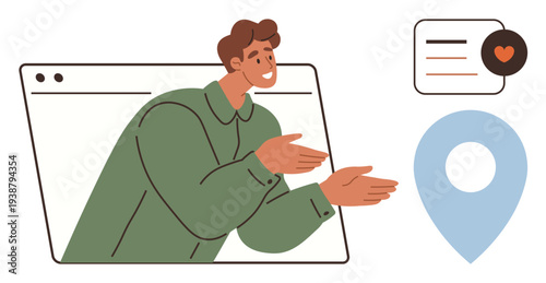 Digital connectivity, online communication, navigation, social networking, customer support, technology. A person emerges from a browser window with a visible chat bubble and location pin. Online