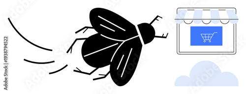 E-commerce, online shopping, digital commerce, pest control, business metaphor, technology disruption. Black fly approaching an online storefront symbol. E-commerce and online shopping conceptual
