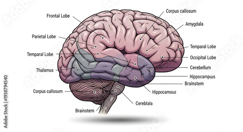 Detailed diagram of the human brain with labeled parts.