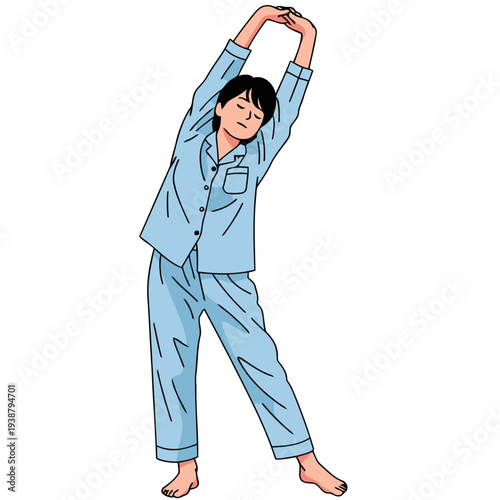 A young Asian man stretches in pajamas, promoting relaxation and sleep. Simple, soft illustration style. Ideal for wellness and bedtime themes.