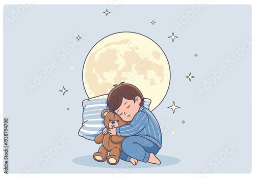 A cute boy sleeps peacefully with a teddy bear under a giant, glowing moon. Soft, dreamy illustration perfect for bedtime themes.