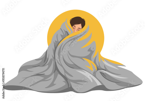 A woman is enveloped in a warm blanket under a glowing moon, creating a serene and comforting scene. Soft light and cozy textures evoke relaxation and peace.