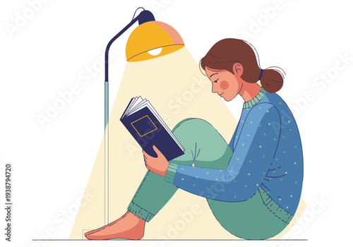 A young woman relaxes and reads a book by a warm lamp. Soft lighting and a cozy atmosphere create a peaceful scene. Focus on the book and her contented expression.
