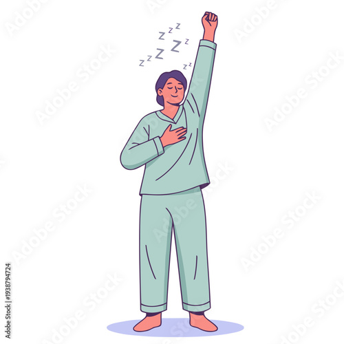 A serene young woman in pajamas raises her arms, bathed in soft light, symbolizing day, sleep, and wellness. A modern, calming illustration.