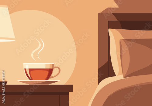 Relaxing evening scene: a cup of tea steams beside a bedside table. Soft lighting and cozy bedding create a calm, sleep-inducing atmosphere. Perfect for promoting tranquility.