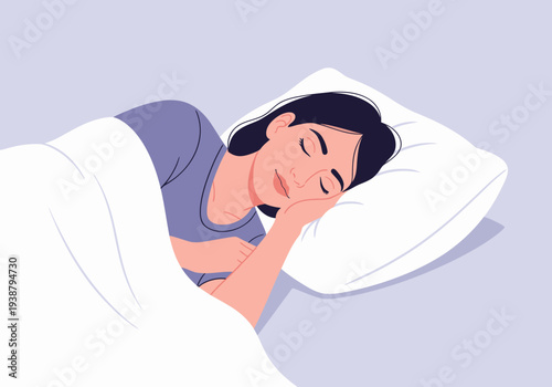 A serene woman sleeps deeply under a soft blanket, restoring her body. Calm, restful, and inviting. Perfect for wellness and relaxation themes.
