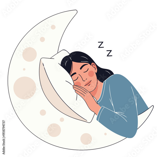 A serene woman sleeps peacefully on a crescent moon pillow, enveloped in soft dreams. A calming and inviting image for wellness and relaxation themes.