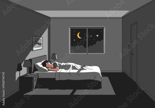 A serene bedroom scene at night, illuminated by a moonlit window. A person sleeps peacefully, evoking quiet relaxation and a sense of calm. Simple, graphic style.