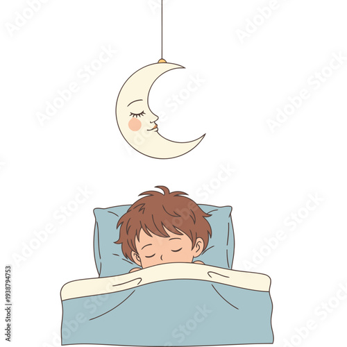A sleeping boy dreams under a smiling moon. Soft colors and a cozy bed create a peaceful bedtime scene. Sweet dreams!