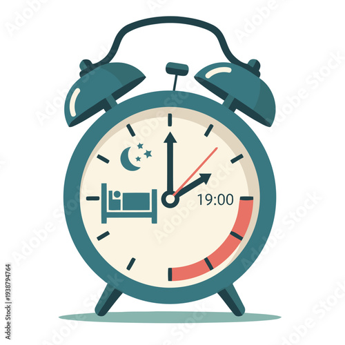 A vintage alarm clock displays 7:00 PM, indicating bedtime. A sleeping figure and moon suggest a relaxing sleep routine. Clean, modern illustration.