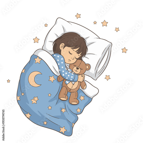 A sweet illustration of a little girl sleeping soundly with a teddy bear under a moon. Soft colors and stars create a calming bedtime scene. Perfect for children's products and illustrations.