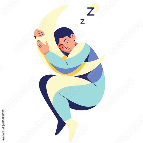 A stylized illustration depicts a man embracing a crescent moon, peacefully asleep. ?Embrace Moon Dream Rest? text overlay. Soft, pastel colors and a dreamy aesthetic.