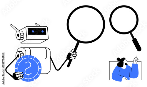 Artificial intelligence concept. Artificial intelligence robot investigating data with magnifying glass. Artificial intelligence exploring human-computer interaction in tech and research fields. Use