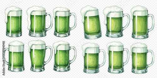 Collection of green beer mugs with frothy white foam, perfect for St. Patrick's Day celebrations.