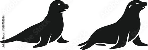 Two black dog silhouettes sitting side by side on white background