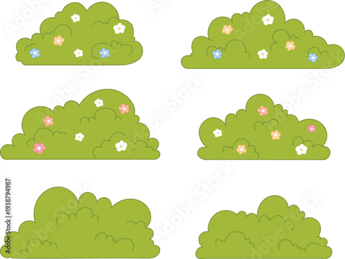 Hand draw Green bush set with colorful flower, Cute spring shrub, Bright garden plat illustration
