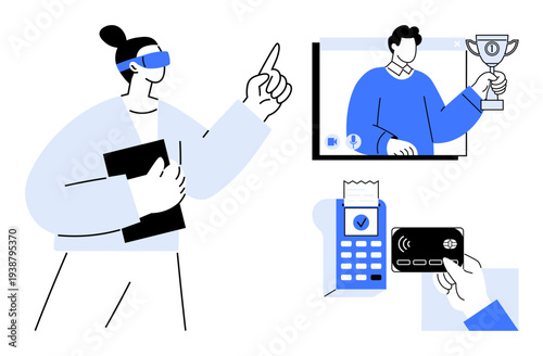 Virtual meeting with a participant holding a trophy, contactless payment using a card, and a person engaging in augmented reality. Ideal for online interaction, fintech, VR, digital rewards, remote
