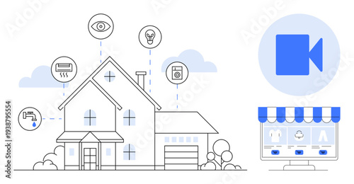 Smart home, IoT connectivity, security systems, energy efficiency, home automation, online shopping. Modern house linked to smart devices. Smart home and IoT connectivity concept