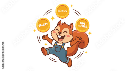 Happy Cartoon Squirrel Celebrating Extra Income Opportunities Like Salary Bonus and Side Hustle